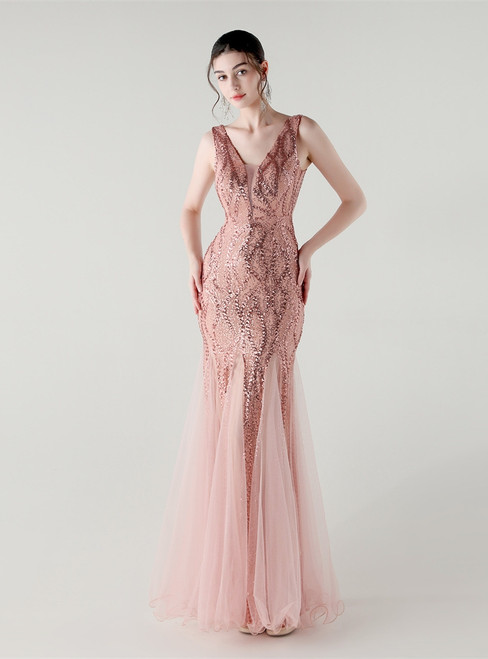 In Stock:Ship in 48 Hours Pink Tulle Sequins V-neck Party Dress