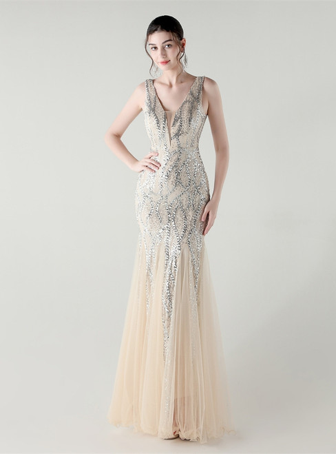In Stock:Ship in 48 Hours Apricot Silver Tulle Sequins V-neck Party Dress