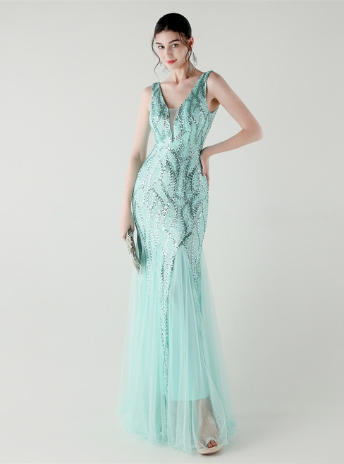 In Stock:Ship in 48 Hours Mint Green Tulle Sequins V-neck Party Dress