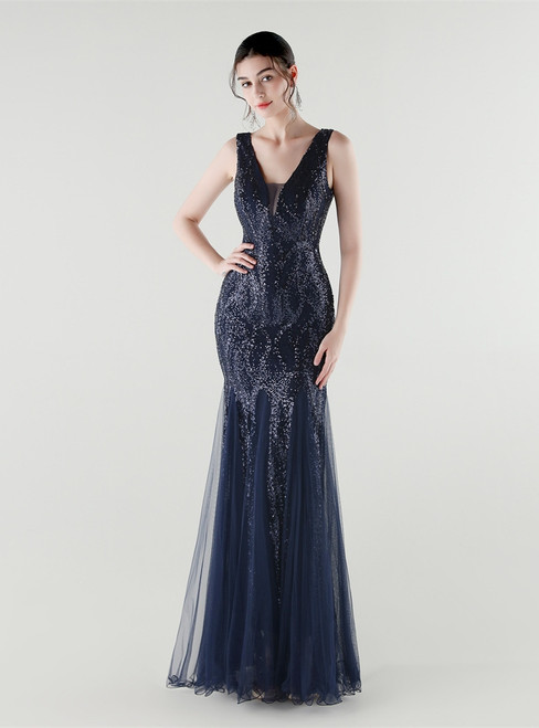 In Stock:Ship in 48 Hours Navy Blue Tulle Sequins V-neck Party Dress
