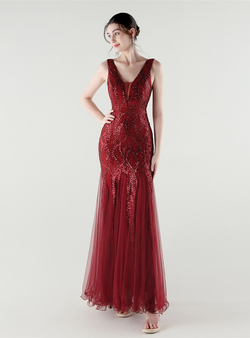 In Stock:Ship in 48 Hours Burgundy Tulle Sequins V-neck Party Dress