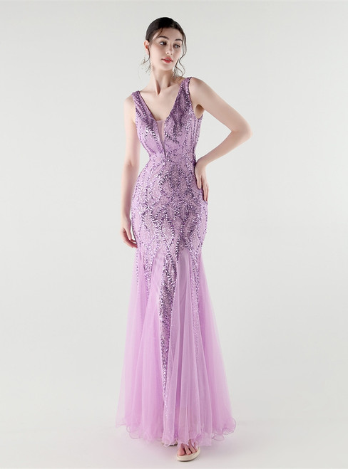 In Stock:Ship in 48 Hours Lavender Tulle Sequins V-neck Party Dress