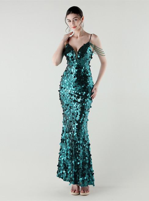 In Stock:Ship in 48 Hours Impressive Dark Green Sequins Straps Beading Party Dress