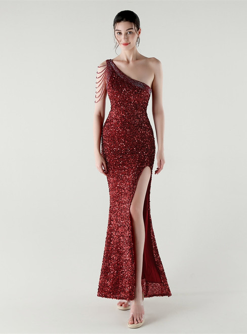 In Stock:Ship in 48 Hours Burgundy Sequins One Shoulder Split Beading Party Dress