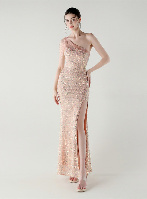 In Stock:Ship in 48 Hours High quality Pink Sequins One Shoulder Split Party Dress