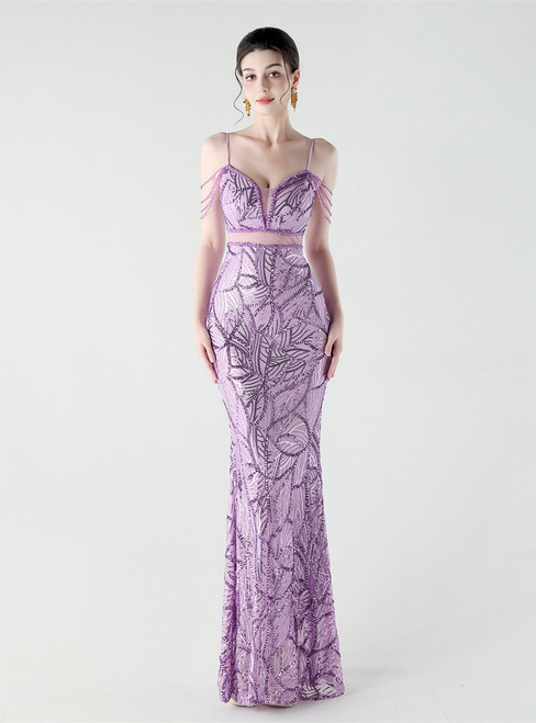 In Stock:Ship in 48 Hours Lavender Sequins Beading Party Dress