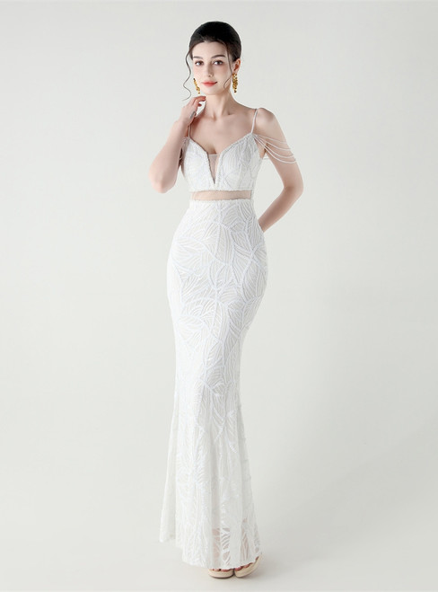 In Stock:Ship in 48 Hours White Straps Burgundy Sequins Beading Party Dress