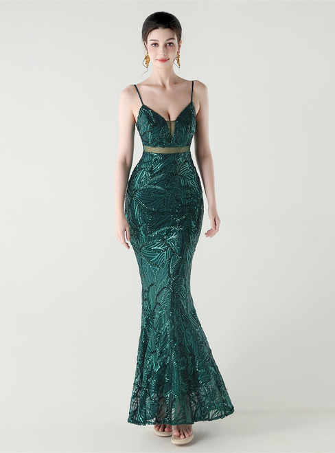In Stock:Ship in 48 Hours Dark Green Straps Sequins Party Dress