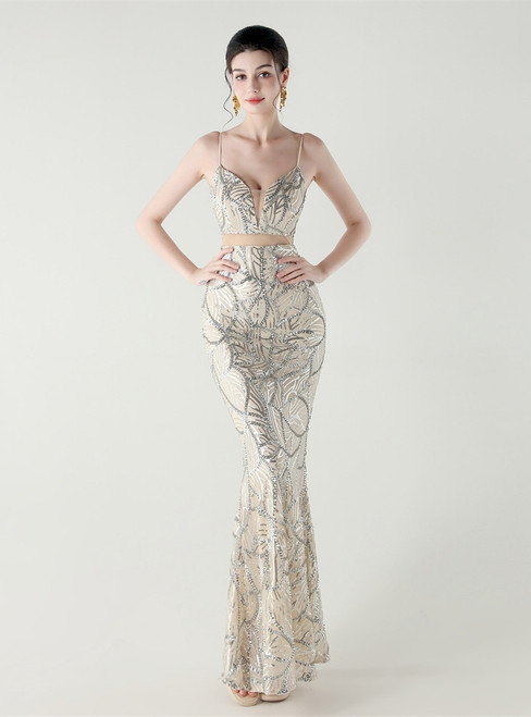 In Stock:Ship in 48 Hours Silver Straps Sequins Party Dress