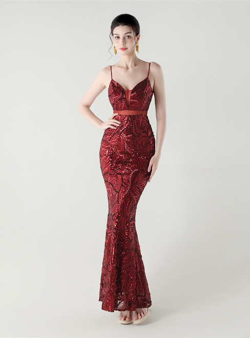 In Stock:Ship in 48 Hours Elegant Burgundy Straps Sequins Party Dress