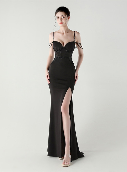 In Stock:Ship in 48 Hours Elegance Black Straps Split Beading Party Dress