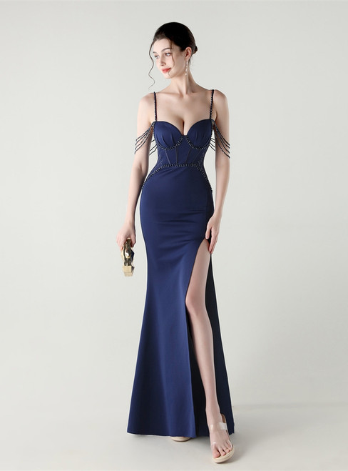 In Stock:Ship in 48 Hours Casual Navy Blue Straps Split Beading Party Dress