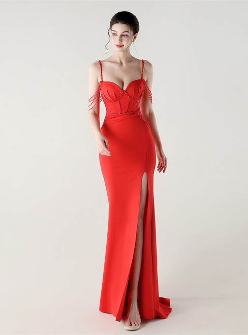 In Stock:Ship in 48 Hours Red Straps Split Beading Party Dress