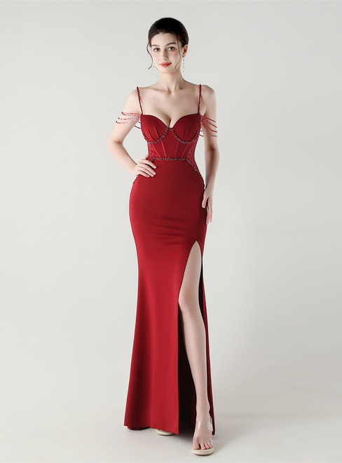 In Stock:Ship in 48 Hours Burgundy Straps Split Beading Party Dress