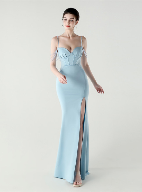 In Stock:Ship in 48 Hours Sky Blue Straps Split Beading Party Dress