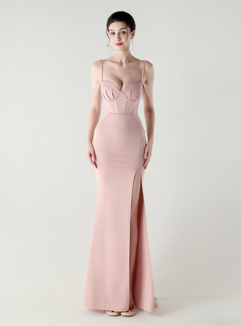 In Stock:Ship in 48 Hours Pink Straps Split Beading Party Dress