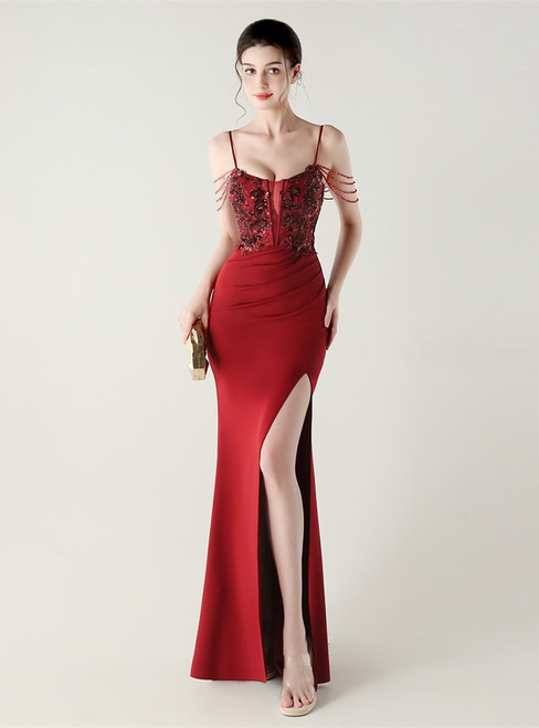 In Stock:Ship in 48 Hours Burgundy Mermaid Appliques Party Dress