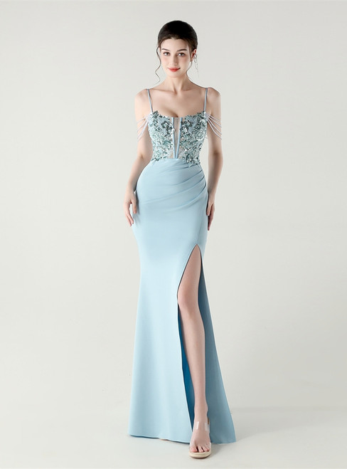 In Stock:Ship in 48 Hours Sky Blue Mermaid Appliques Party Dress