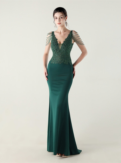 In Stock:Ship in 48 Hours Elegant Green V-neck Lace Beading Party Dress