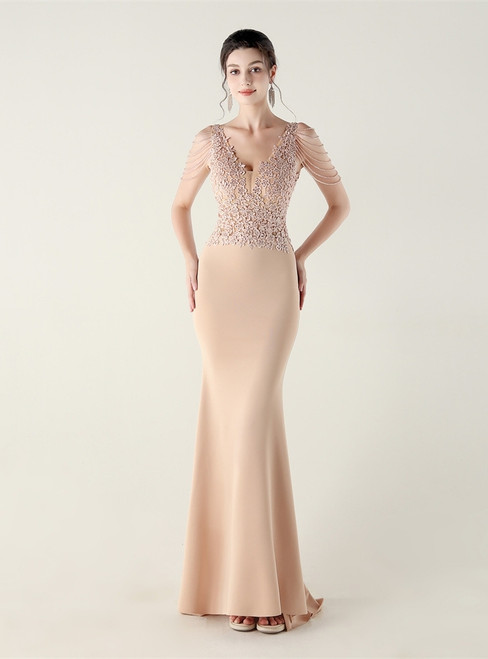 In Stock:Ship in 48 Hours Apricot V-neck Lace Party Dress