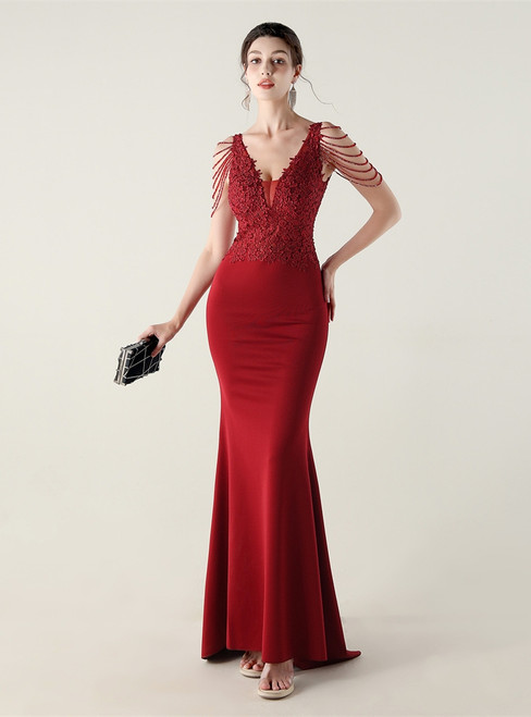 In Stock:Ship in 48 Hours Burgundy V-neck Lace Party Dress
