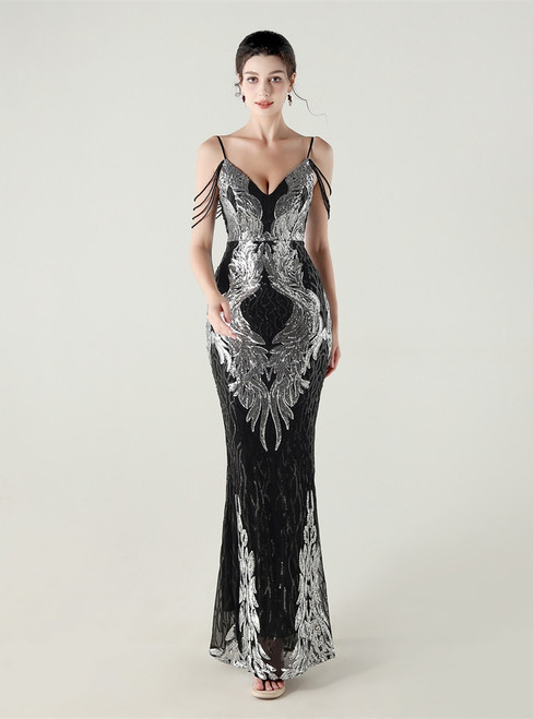 In Stock:Ship in 48 Hours Black Silver Sequins Beading Party Dress