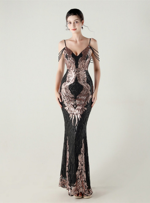 In Stock:Ship in 48 Hours Cheap Black Gold Sequins Beading Party Dress