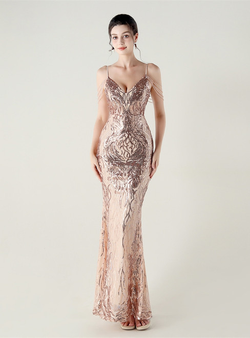 In Stock:Ship in 48 Hours Unique Gold Sequins Beading Party Dress