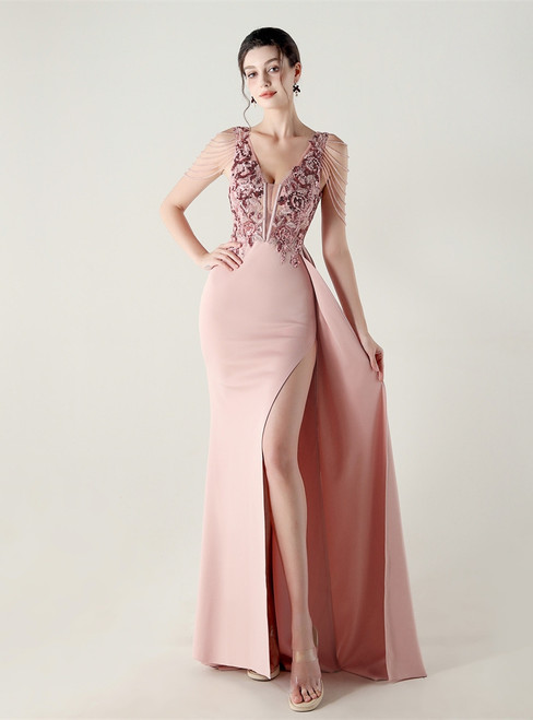 In Stock:Ship in 48 Hours Casual Pink V-neck Appliques Party Dress