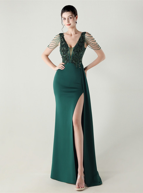In Stock:Ship in 48 Hours Sexy Green V-neck Appliques Party Dress