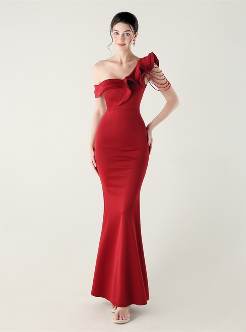 In Stock:Ship in 48 Hours Noble Burgundy One Shoulder Beading Party Dress