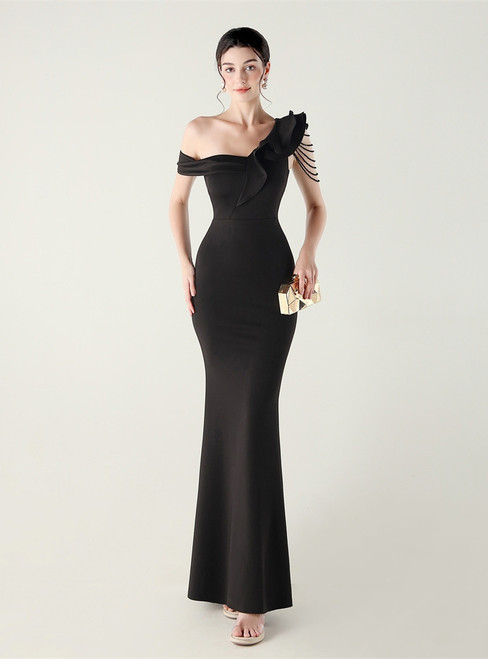In Stock:Ship in 48 Hours High quality Black One Shoulder Beading Party Dress