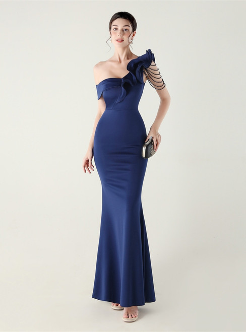 In Stock:Ship in 48 Hours Popular Navy Blue One Shoulder Beading Party Dress