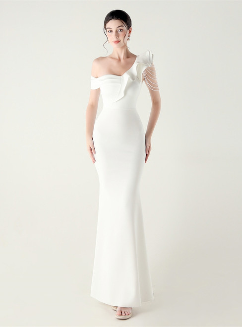 In Stock:Ship in 48 Hours New White One Shoulder Beading Party Dress