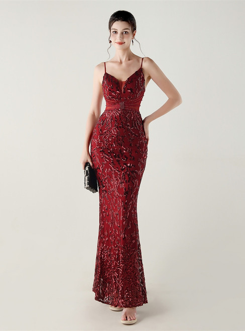 In Stock:Ship in 48 Hours Simple Burgundy Mermaid Sequins Beading Party Dress