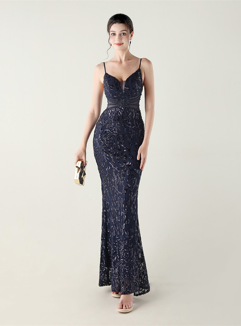 In Stock:Ship in 48 Hours Unique Navy Blue Mermaid Sequins Beading Party Dress