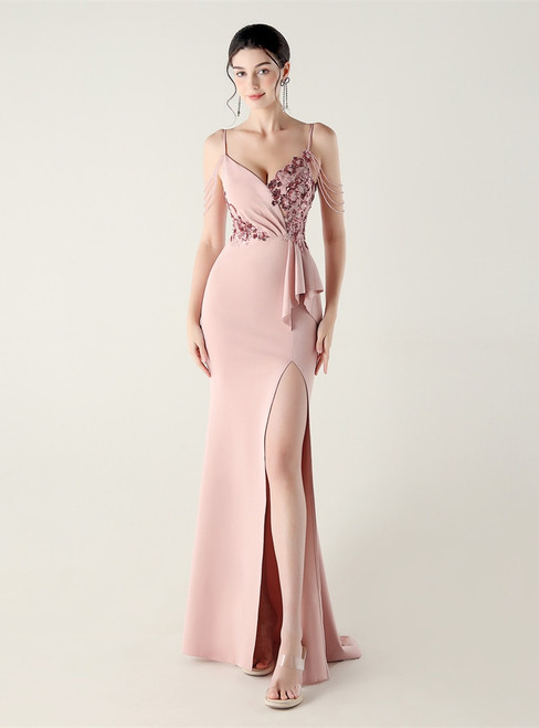 In Stock:Ship in 48 Hours Pink Mermaid Straps Sequins Party Dress