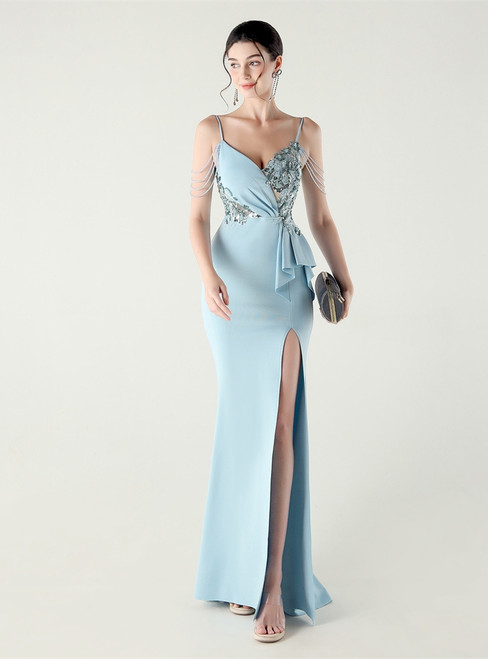 In Stock:Ship in 48 Hours Light Blue Mermaid Straps Sequins Party Dress