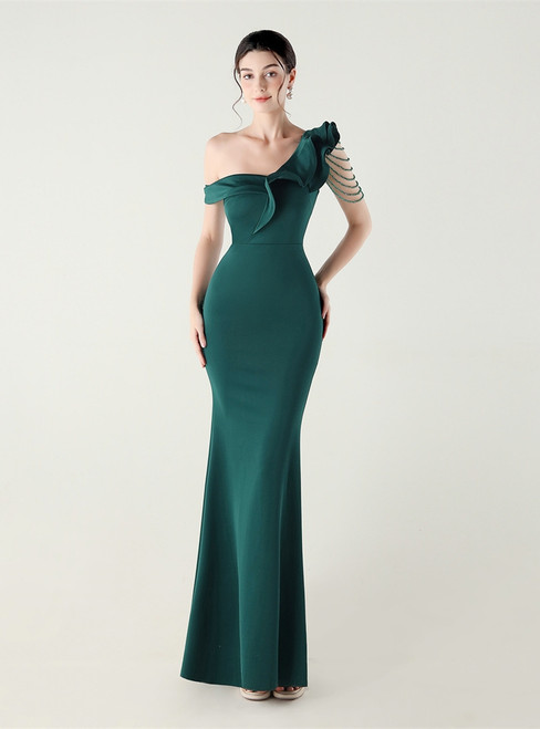In Stock:Ship in 48 Hours Green Mermaid One Shoulder Beading Party Dress