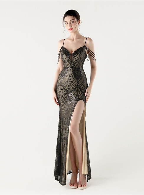 In Stock:Ship in 48 Hours Advanced Black Sequins Straps Beading Party Dress