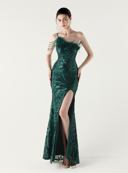 In Stock:Ship in 48 Hours Fashionable Green Sequins One Shoulder Party Dress