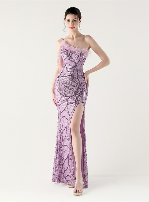 In Stock:Ship in 48 Hours High quality Purple Sequins One Shoulder Party Dress