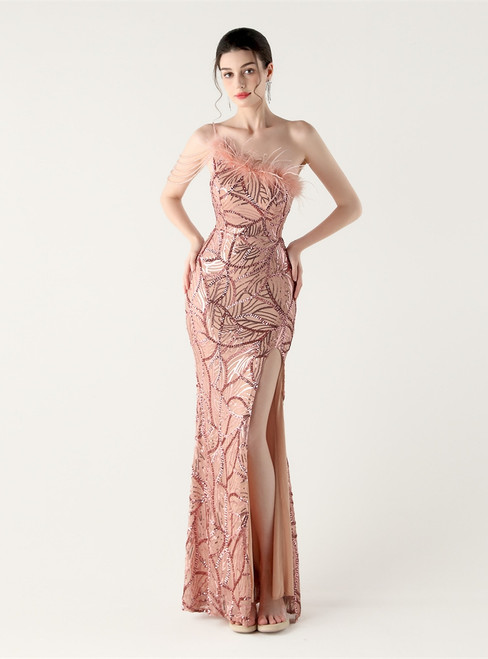 In Stock:Ship in 48 Hours Pink Sequins One Shoulder Party Dress