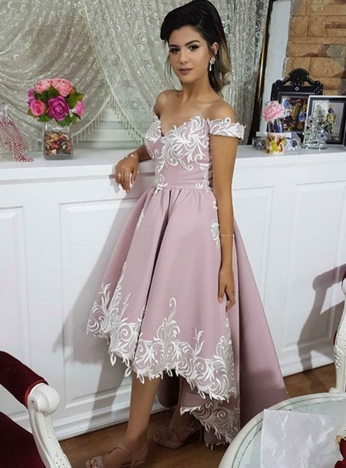 Long Prom Dresses Lace Appliques 2018 Off Shoulder High Low