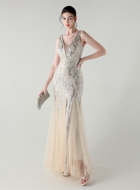 In Stock:Ship in 48 Hours Unique Apricot Silver Tulle Sequins V-neck Party Dress