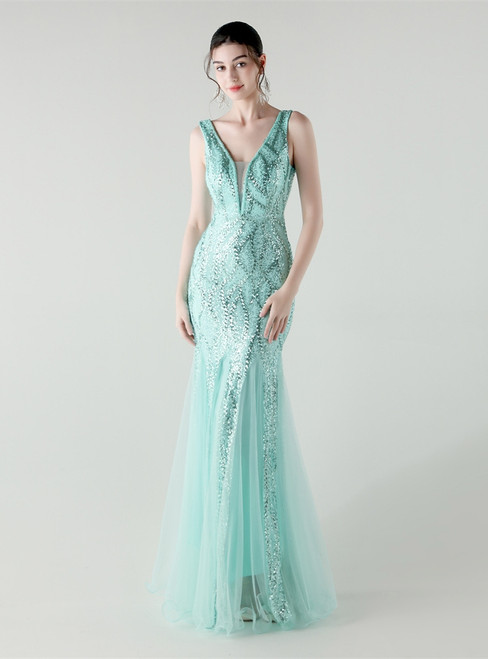 In Stock:Ship in 48 Hours Cute Mint Green Tulle Sequins V-neck Party Dress