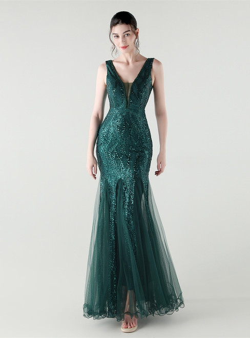 In Stock:Ship in 48 Hours Dark Green Tulle Sequins V-neck Party Dress