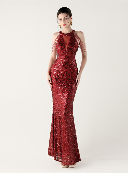 In Stock:Ship in 48 Hours Burgundy Sequins Beading Halter Party Dress