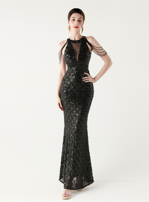 In Stock:Ship in 48 Hours Black Sequins Beading Halter Party Dress
