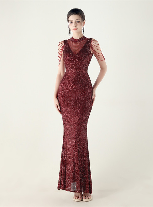 In Stock:Ship in 48 Hours Elegant Burgundy Mermaid Sequins Beading Party Dress